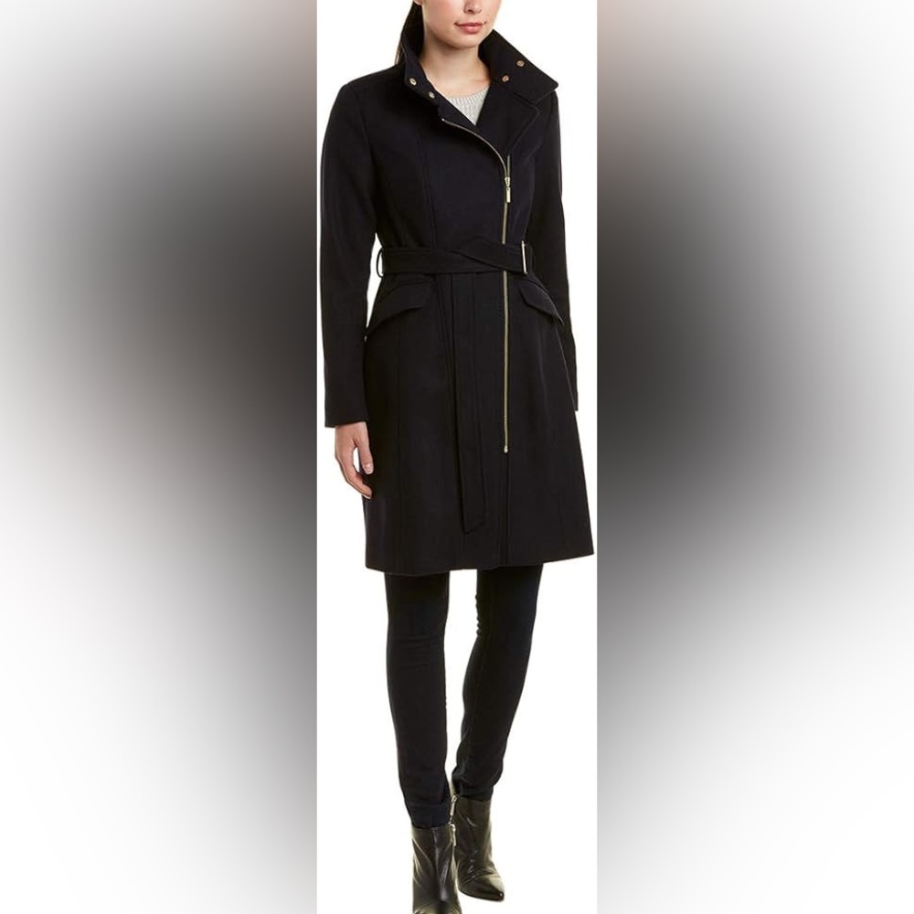 NWT  BLACK Cole Haan Signature Snap Wool-Blend Car Coat Women